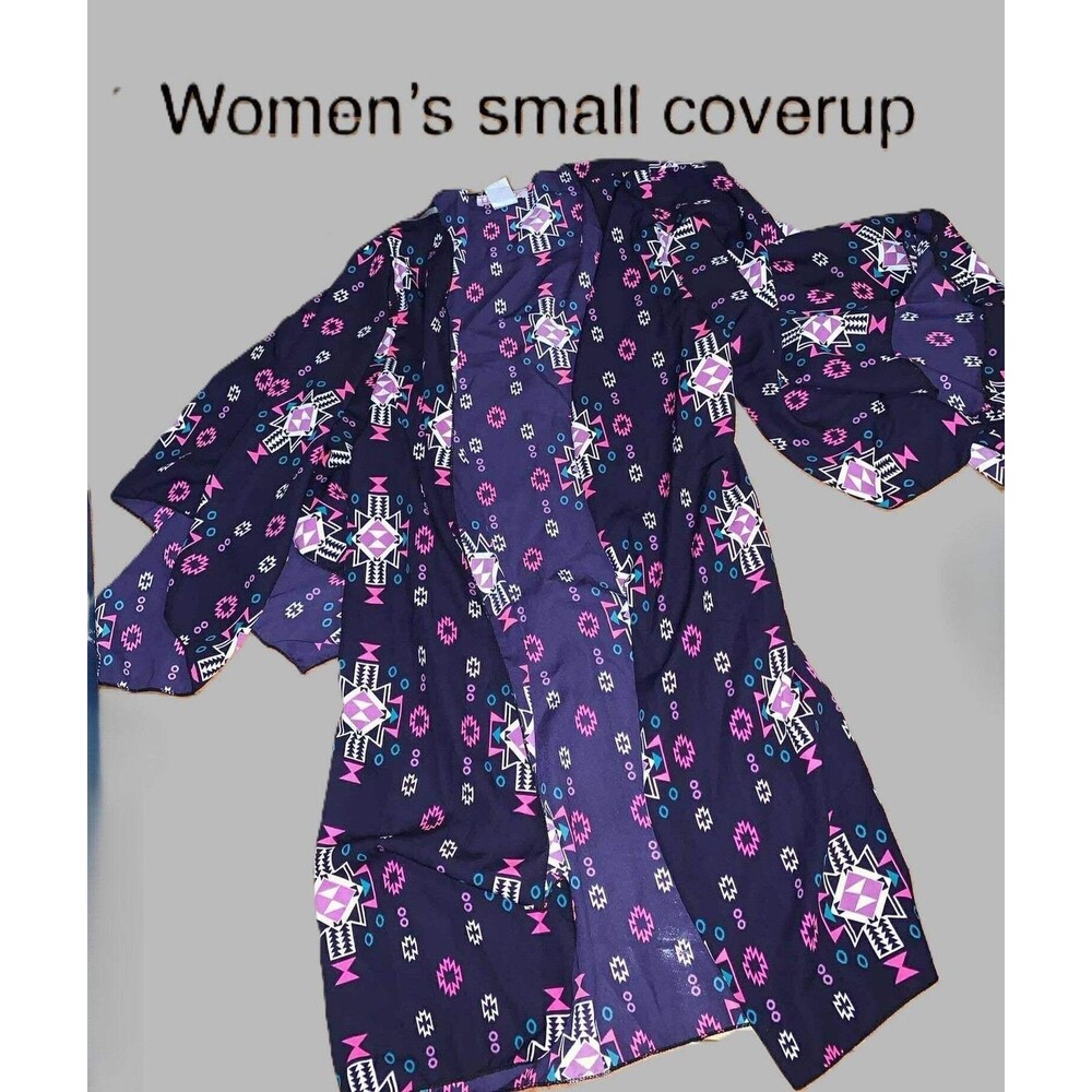 Women's Blue with Magenta Flowers Beach Coverup - size Small